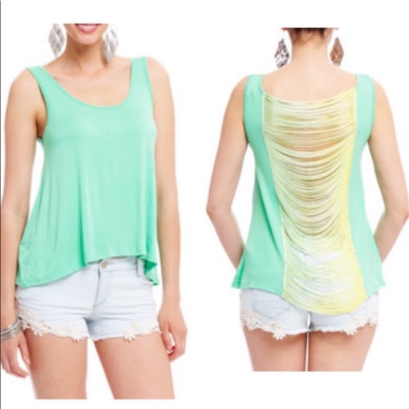 2B Bebe Tops - 2B Bebe light green tank w/open back covered by green & yellow cascading fringe